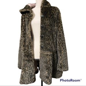 Free People large About Town Hooded faux fur leopard print coat jacket flaws